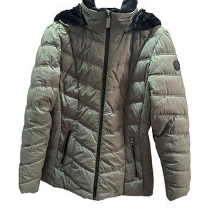 Nautica Jacket Womens Large Green Quilted Puffer Faux Fur Hood Water Resistant